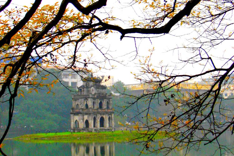 Turtle tower in middle of Hoan Kiem lake